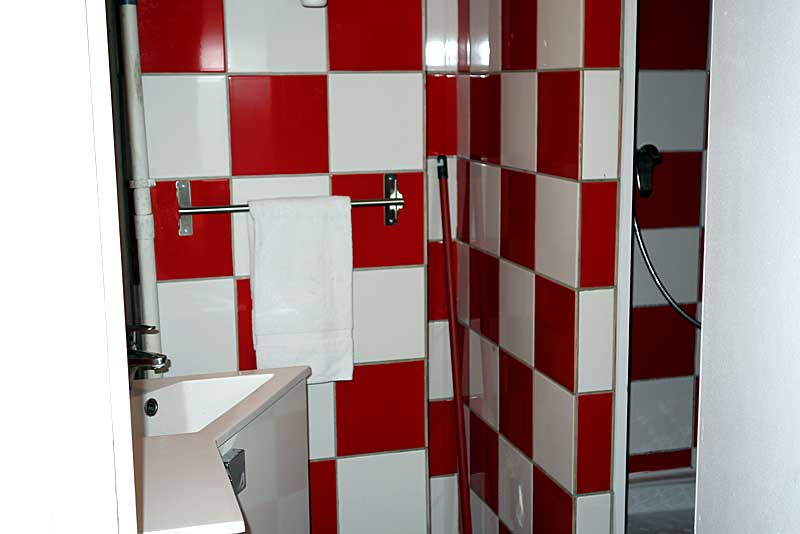 赤と白のチェック柄の洗面＋シャワールーム。